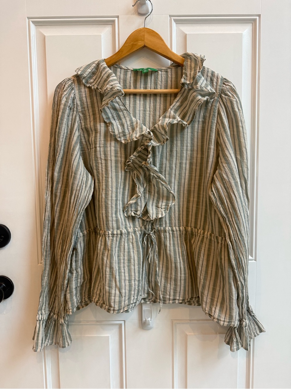 Organic Cotton Striped Peplum Blouse - Green Beige Ruffle cuff prairie lagenlook